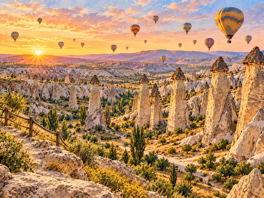 Kapadokya Aşk Vadisi'ndeki uzun ve sütun biçimli peri bacalarını, vadi boyunca uzanan doğal manzarayı ve gün doğumunda gökyüzündeki sıcak hava balonlarını gösteren temsili illüstrasyon.