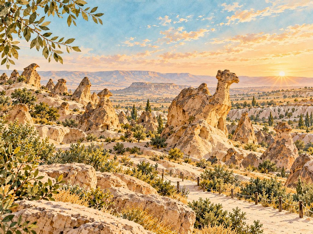 Kapadokya Devrent Vadisi'nde deveye benzeyen doğal kaya oluşumunu, çevresindeki peri bacalarını ve gün batımı manzarasını gösteren temsili illüstrasyon.