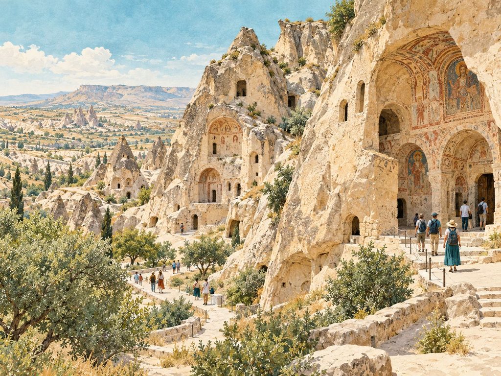 Kapadokya Göreme Açık Hava Müzesi'ndeki kayalara oyulmuş tarihî kiliseleri gösteren temsili illüstrasyon.