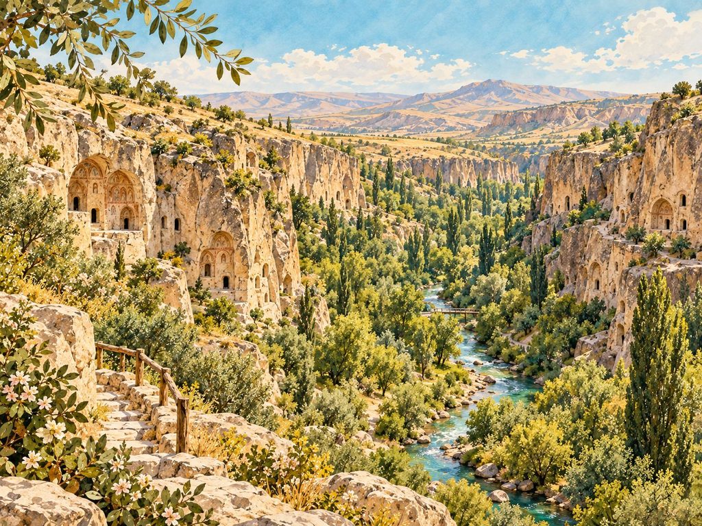 Ihlara Vadisi'nden geçen Melendiz Çayı'nı, yeşil bitki örtüsünü ve kayalara oyulmuş tarihî kiliseleri gösteren temsili illüstrasyon.