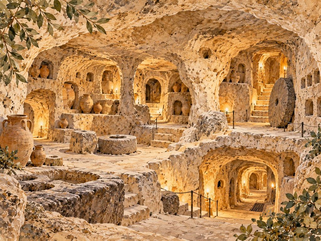 Kaymaklı Yeraltı Şehri'nin kayalara oyulmuş çok katlı odalarını, dar geçitlerini, merdivenlerini ve geçmişteki yaşam alanlarını gösteren temsili kesit illüstrasyonu.