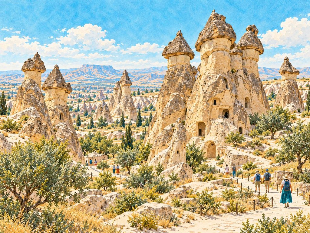 Uçhisar Kalesi — Kapadokya’nın panoramik manzarasına bakan, Gezgin Hatun için hazırlanmış temsili illüstrasyon