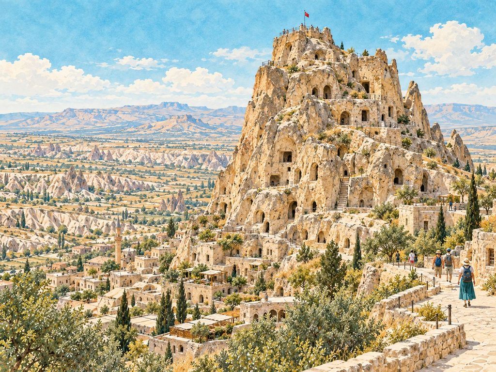Uçhisar Kalesi — Kapadokya’nın panoramik manzarasını yansıtan, Gezgin Hatun için hazırlanmış temsili illüstrasyon